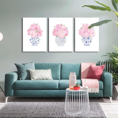 3pcs Pink Peonies Floral Canvas Wall Art Chinoiserie Blue And White Vase Wall Decor Pictures Preppy Aesthetic Posters Prints for Dorm Apartment Woman Bedroom Decoration (Canvas, 12x16in) in Kuwait