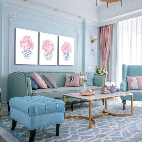 3pcs Pink Peonies Floral Canvas Wall Art Chinoiserie Blue And White Vase Wall Decor Pictures Preppy Aesthetic Posters Prints for Dorm Apartment Woman Bedroom Decoration (Canvas, 12x16in) in Kuwait