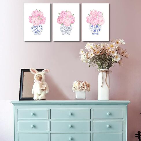 3pcs Pink Peonies Floral Canvas Wall Art Chinoiserie Blue And White Vase Wall Decor Pictures Preppy Aesthetic Posters Prints for Dorm Apartment Woman Bedroom Decoration (Canvas, 12x16in) in Kuwait
