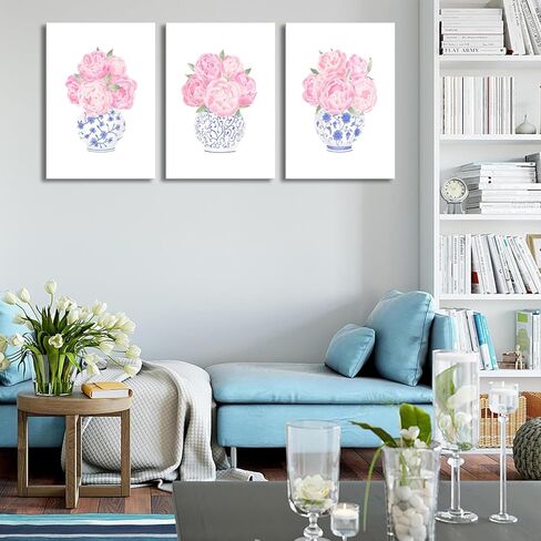 3pcs Pink Peonies Floral Canvas Wall Art Chinoiserie Blue And White Vase Wall Decor Pictures Preppy Aesthetic Posters Prints for Dorm Apartment Woman Bedroom Decoration (Canvas, 12x16in) in Kuwait