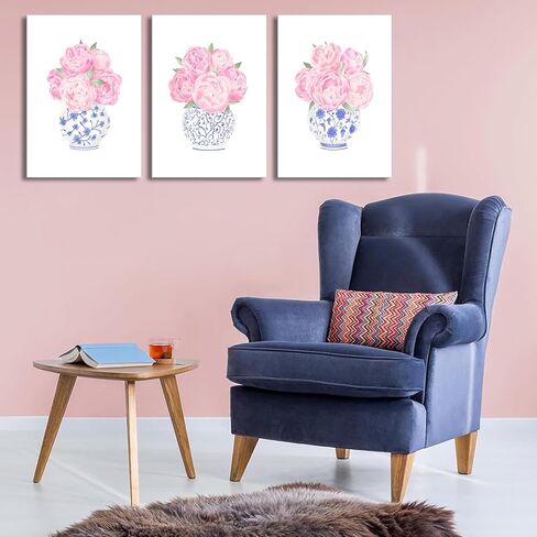 3pcs Pink Peonies Floral Canvas Wall Art Chinoiserie Blue And White Vase Wall Decor Pictures Preppy Aesthetic Posters Prints for Dorm Apartment Woman Bedroom Decoration (Canvas, 12x16in) in Kuwait