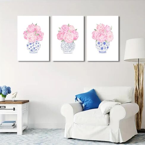 3pcs Pink Peonies Floral Canvas Wall Art Chinoiserie Blue And White Vase Wall Decor Pictures Preppy Aesthetic Posters Prints for Dorm Apartment Woman Bedroom Decoration (Canvas, 12x16in) in Kuwait