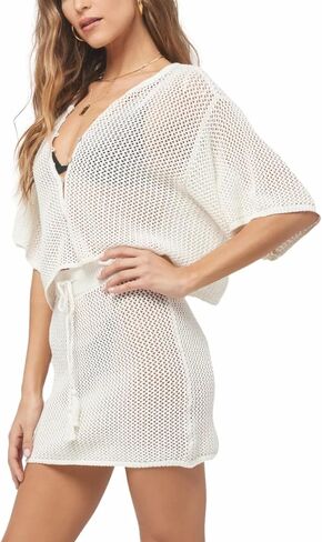 HUUSA Women's 2 Piece Crochet Swimsuit Cover Ups 2024 Hollow Out Bathing Suit Coverup Beach Outfits Crop Top and Skirt Sets in Saudi Arabia