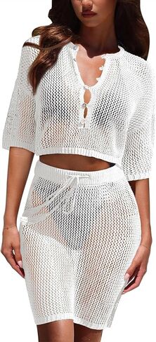 HUUSA Women's 2 Piece Crochet Swimsuit Cover Ups 2024 Hollow Out Bathing Suit Coverup Beach Outfits Crop Top and Skirt Sets in Saudi Arabia