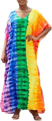 فساتين قفطان من Bsubseach للنساء، ملابس سباحة طويلة، أكمام قصيرة، مقاس كبير، فستان قفطان، ملابس المنتجعات، بألوان قوس قزح in Kuwait