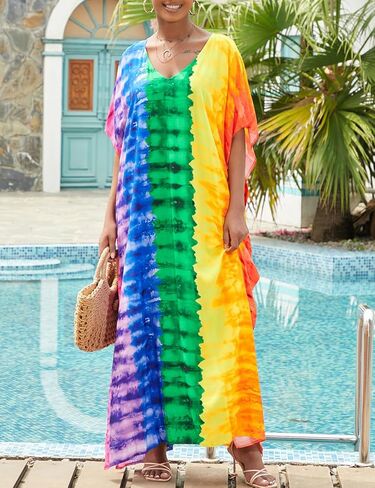 فساتين قفطان من Bsubseach للنساء، ملابس سباحة طويلة، أكمام قصيرة، مقاس كبير، فستان قفطان، ملابس المنتجعات، بألوان قوس قزح in Kuwait
