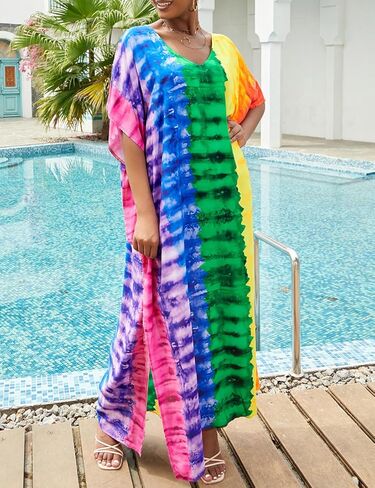 فساتين قفطان من Bsubseach للنساء، ملابس سباحة طويلة، أكمام قصيرة، مقاس كبير، فستان قفطان، ملابس المنتجعات، بألوان قوس قزح in Kuwait