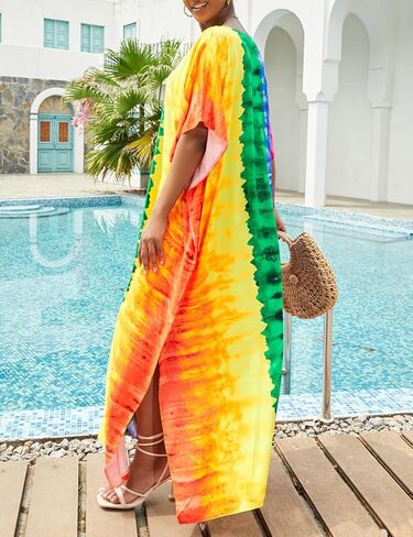 فساتين قفطان من Bsubseach للنساء، ملابس سباحة طويلة، أكمام قصيرة، مقاس كبير، فستان قفطان، ملابس المنتجعات، بألوان قوس قزح in Kuwait