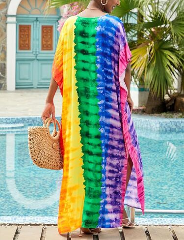 فساتين قفطان من Bsubseach للنساء، ملابس سباحة طويلة، أكمام قصيرة، مقاس كبير، فستان قفطان، ملابس المنتجعات، بألوان قوس قزح in Kuwait