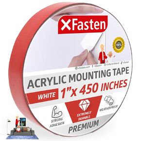 XFasten Double Sided Acrylic Mounting Tape Removable, Clear, 1-Inch x 450-Inch, Weatherproof Adhesive for Brick, Walls- Indoor and Outdoor Applications