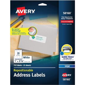 Avery Repositionable Printable Address Labels with Sure Feed, 1" x 2-5/8", White, 750 Blank Mailing Labels (58160)