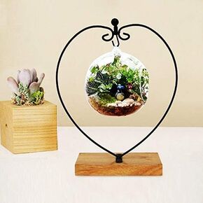 Archi Ornament Display Stand Iron Pothook Stand for Hanging Glass Terrarium/Picture with Wood Base (Heart)