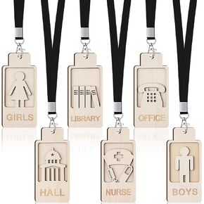 Sabary 6 Sets Hall Pass Lanyards School Passes Teacher Supplies Wooden Hall Passes for Classrooms Bathroom Passes Includes Hall Nurse Library Office Boys and Girls Restroom (Wood Color)