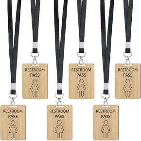 Sabary 6 Sets Rustic Passes with Lanyards Farmhouse School Passes Unbreakable Wooden Passes for Classrooms Office Preschool Teacher Nurse Supplies Gift (Female Restroom Pass)