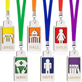 Sabary 6 Sets Hall Pass Lanyards School Passes Teacher Supplies Wooden Hall Passes for Classrooms Bathroom Passes Includes Hall Nurse Library Office Boys and Girls Restroom (Assorted Colors)