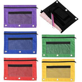 Pencil Pouch for 3 Ring Binder, 6 pcs Binder Pencil Pouch, Zippered Double Pocket Pencil Pouch, with Clear Window and 3 Reinforced Grommets, 6 colors
