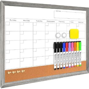 Monthly Whiteboard Calendar & Corkboard for Wall, Magnetic 17"x13" Dry Erase Board with White Wood Framed, 2in1 White Board Cork Board Combo, Calendar Bulletin Board for Kitchen Planner Memo Office