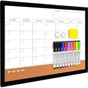Monthly Whiteboard Calendar & Corkboard for Wall, Magnetic 17"x13" Dry Erase Board with White Wood Framed, 2in1 White Board Cork Board Combo, Calendar Bulletin Board for Kitchen Planner Memo Office