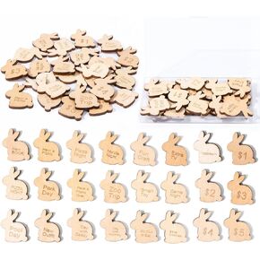 Easter Egg Tokens 24Pcs, Wooden Easter Reward Tokens Coins with 24 Different Engraved Sayings，Easter Egg Fillers (Bunny)