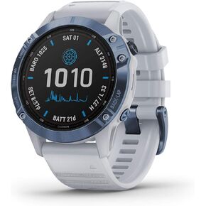 Garmin fenix 6 Pro Solar, Multisport GPS Watch with Solar Charging Capabilities, Advanced Training Features and Data, Mineral Blue with White Band (Renewed)