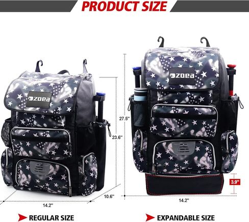 ZOEA Super Large Expandable Bat Pack, Baseball Bat Bag Backpack, T-Ball & Softball Equipment & Gear for Adults, Large Capacity Holds 4 Bats,2 Drink Pockets, Helmet, Gloves, Cleats,Shoes Compartment in Kuwait