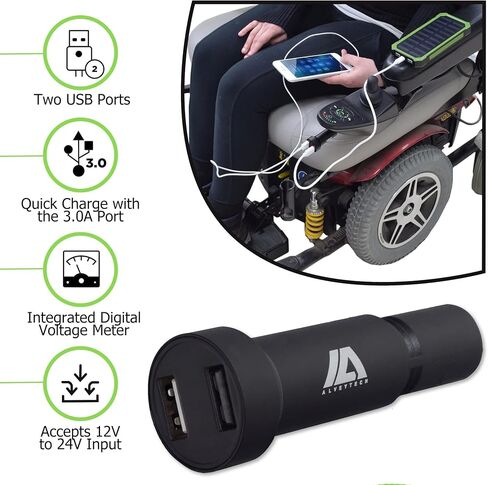 AlveyTech XLR Dual Port USB Charging Adapter with Digital Voltage Meter - for Power Chairs, Mobility Scooters, Electric Wheelchair, E-Bike, Medical Scooter Charger Adaptor Accessories, Fast Charge in Saudi Arabia