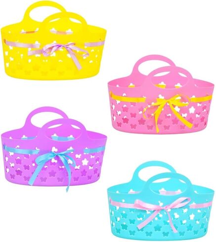 Sunshine's Spot, LLC سلال عيد الفصح البلاستيكية البيضاوية مع شرائط، 8.375x11.625x7.5 بوصة، 4 سلال هدايا عيد الفصح البلاستيكية، سلال عيد الفصح البلاستيكية أصفر أزرق أخضر وردي in Kuwait