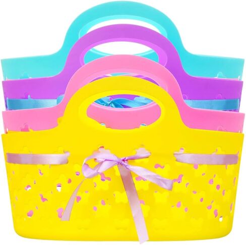 Sunshine's Spot, LLC سلال عيد الفصح البلاستيكية البيضاوية مع شرائط، 8.375x11.625x7.5 بوصة، 4 سلال هدايا عيد الفصح البلاستيكية، سلال عيد الفصح البلاستيكية أصفر أزرق أخضر وردي in Kuwait