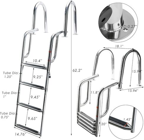 Amarine مصنوع من الفولاذ المقاوم للصدأ داخل اللوح 4 خطوات واسعة لحمام السباحة سلم عائم قابل للطي لقارب بحري ويخت حمام سباحة بسعة 550 رطل 40460S in Kuwait
