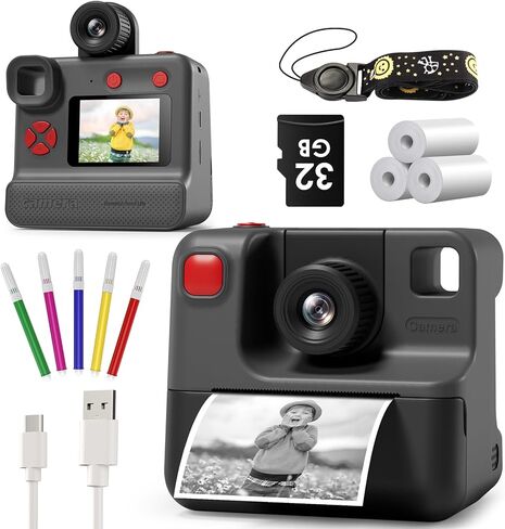 Kids Camera Instant Print, Christmas Birthday Gifts for Toddle Girls Boys Age 3-12, 24MP & 1080P Selfie Digital Camera with 3 Roll No-Ink Print Paper 32G SD Card - Black in Saudi Arabia
