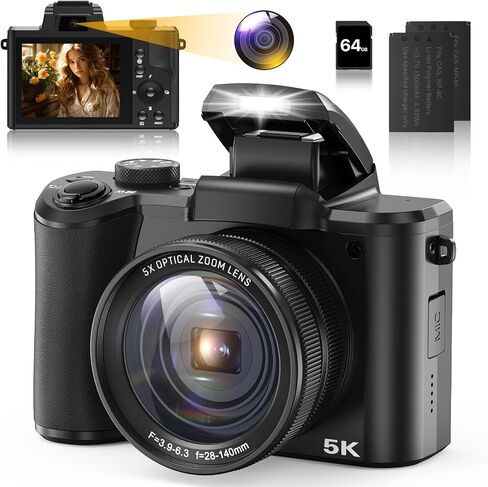 5K Digital Camera for Photography and Video Autofocus 5X Optical Zoom 64MP Vlogging Camera for YouTube 6-Axis Stabilization Compact Travel Dual Cameras with 64G SD Card for Boys/Girls/Beginners in Saudi Arabia