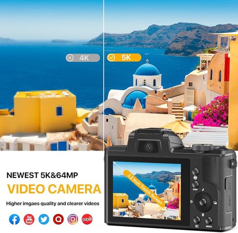5K Digital Camera for Photography and Video Autofocus 5X Optical Zoom 64MP Vlogging Camera for YouTube 6-Axis Stabilization Compact Travel Dual Cameras with 64G SD Card for Boys/Girls/Beginners in Saudi Arabia