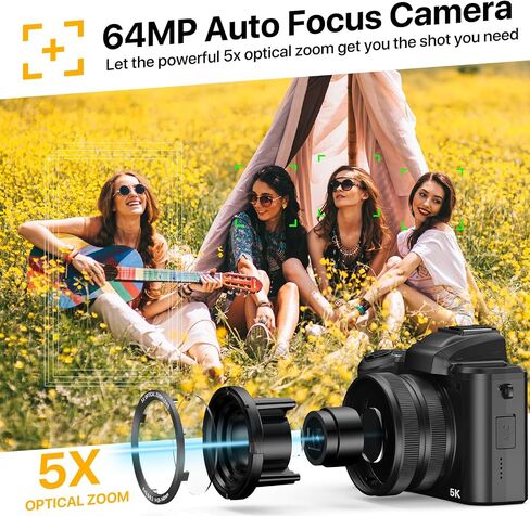 5K Digital Camera for Photography and Video Autofocus 5X Optical Zoom 64MP Vlogging Camera for YouTube 6-Axis Stabilization Compact Travel Dual Cameras with 64G SD Card for Boys/Girls/Beginners in Saudi Arabia