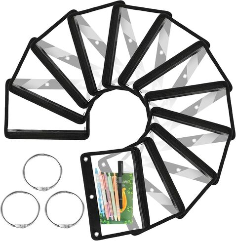 Set of 12 Binder Pencil Pouch Zipper Pencil Pouches Clear PVC Pencil Case with 3 Ring Clear Zipper Pouch Cosmetic Bag with 6 Metal Rings for Office School Supplies Classroom Organization in Saudi Arabia