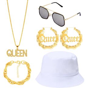 PHOGARY 80s / 90s Hip Hop Costume Kit, Rapper DJ Outfits White Bucket Hat Vintage Glasses Punk Gold Chain Bracelet Bamboo Hoop Earrings Hip Hop Set for Women/Men