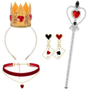 4 Pcs Halloween Queen Costume Accessories Set Red Gem Hearts Crown Headband Heart Necklace Rhinestone Queen Wand and Poker Clock Earrings for Women Halloween Party Dress Up