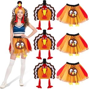 Tarpop 9 Pcs Thanksgiving Turkey Costume Set Includes 3 Thanksgiving Turkey Hat and 3 Thanksgiving Holiday Tutus, Silly Turkey Headband Turkey Trot Costumes and Accessories for Cosplay Party Favors