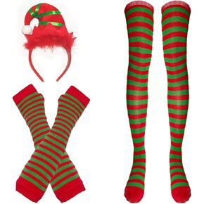 3 Pack Christmas Elf Costume Elf Headband Elf Striped Thigh High Socks Elf Glove Xmas Women Girl Elf Costume