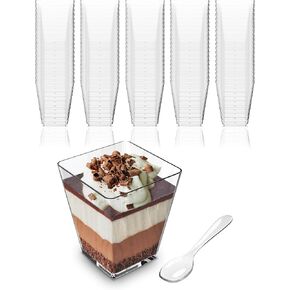 Mini Dessert Cups with Lids and Spoons (100 PACK) (Gold Spoons) - 5 oz Plastic Parfait Cups with Lids Reusable - Plastic Dessert Cups with Lids - Appetizer Cups - Clear Dessert Cups BPA Free Plastic