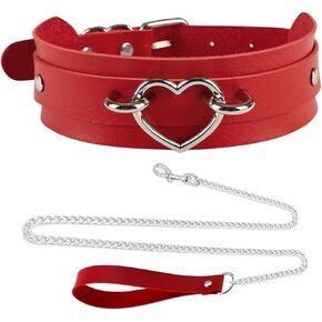 2Pcs Red Soft Faux Leather Collar and Leash Set for Women Funny Cosplay Choker Necklace with Hauling Chain (Love Heart-E)