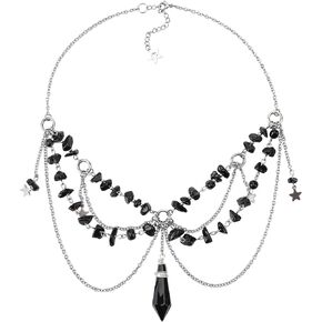 MOSTORY Black Ren Faire Necklace - Gothic Layered Necklace for Witch Dark Crystal Beaded Choker for Women Halloween Renaissance Ren Faire Goth Outfit Witch Aesthetic Elven Cosplay