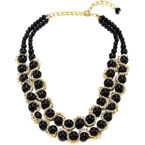 COOLSTEELANDBEYOND Two-Layers Choker Collar Statement Necklace Black Onyx Beads String with Gold Braided Chain Pendant