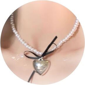 Stocking Stuffers Holiday Outfits for Women 2024 Gold Heart Necklace for Women Pearl Heart Choker Necklace Rhinestone Heart Necklace Heart Pendant Necklace Trendy Gold Jewelry-E2:White Beaded