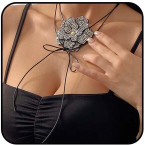 Rrdaily Bohemian Camellia Flower Choker Necklace for Women, Vintage Cubic Zirconia Floral Choker Necklace,Flower Lace-up Necklace Gothic Choker Party Jewelry Gifts