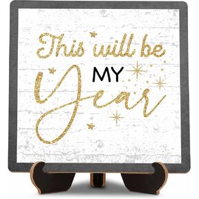 Happy New Year Decorations, 5"×5" Wood Plaque with Stand for Home Shelf Table Desk Decor, Merry Christmas Gifts for Women Friends Coworker Teacher, Christmas Ornaments-E02 in Kuwait