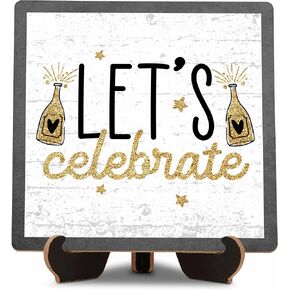Happy New Year Decorations, 5"×5" Wood Plaque with Stand for Home Shelf Table Desk Decor, Merry Christmas Gifts for Women Friends Coworker Teacher, Christmas Ornaments-E02