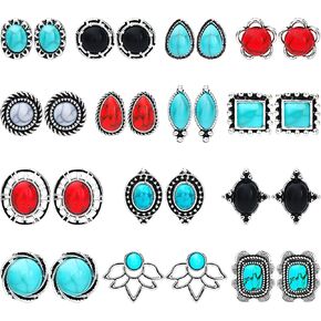 NEWITIN 14 Pairs Turquoise Stud Earrings for Women Hypoallergenic Earrings Turquoise Jewelry Gemstone Oval Round Flower Shape Square Studs Turquoise Earrings for Women