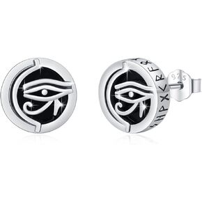 Eye of Horus Stud Earrings for Men 925 Sterling Sliver Ancient Egypt Black Agate Evil Eye Earrings Vintage Horus Eye Nordic Rune Amulet Geometry Jewelry Gift for New Year Brithday