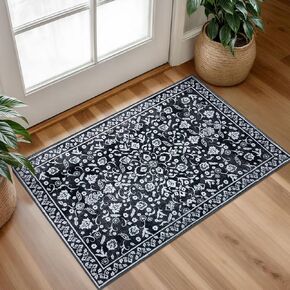 Vintage Washable Rug 2x3, Grey Beige Small Area Rugs for Entryway, Moroccan Super Soft Kitchen Rugs, Low-Pile Throw Rugs Indoor Door Mat Floral Carpet for Entrance, Office, Farmhouse