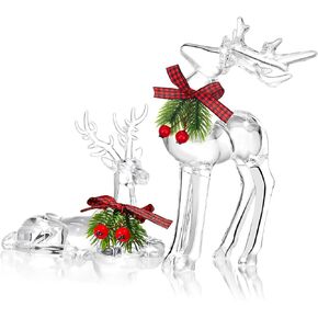 Bucherry 2 Pcs Christmas Reindeer Figurines Decoration Acrylic Deer Decor Christmas Holiday Deer Figurine Statues with Red Berries Bow Home Xmas Deer Decor Holiday Party Supplies(Classic Style)